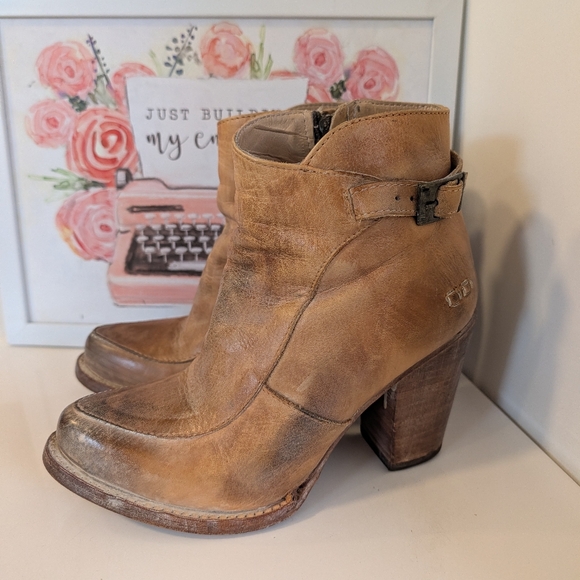 🥰GUC Bed Stu Isla Distressed Leather Zip Side Ankle Booties, Honey Tan, 6 - Picture 2 of 16